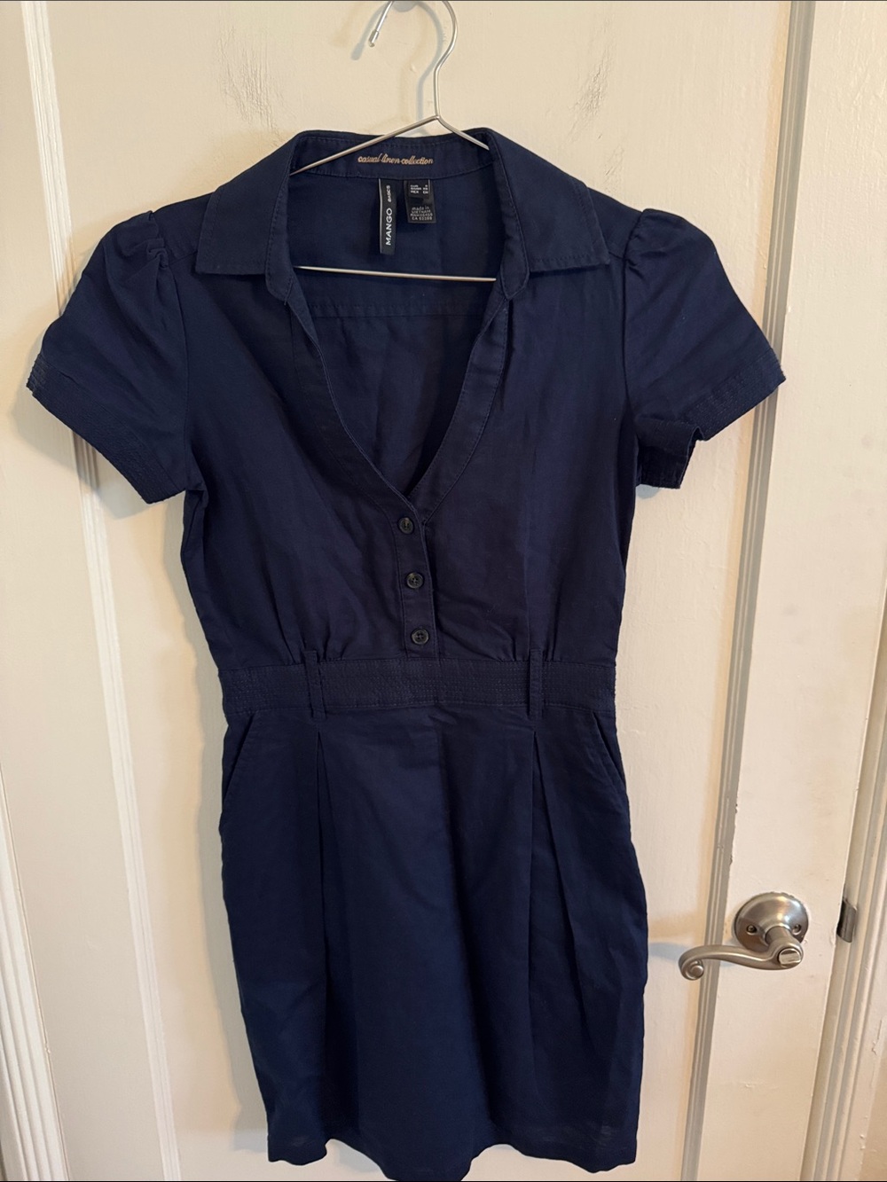 Mango Basics Linen Collection Navy Blue Short Sleeved Dress XS NWT